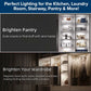 Promotional graphic of tidy pantries and wardrobes with bright lighting, highlighting 3-Pack Under Cabinet Lighting With Charging Station—ideal for kitchens, pantries, or wardrobes to make items easier to find and select.