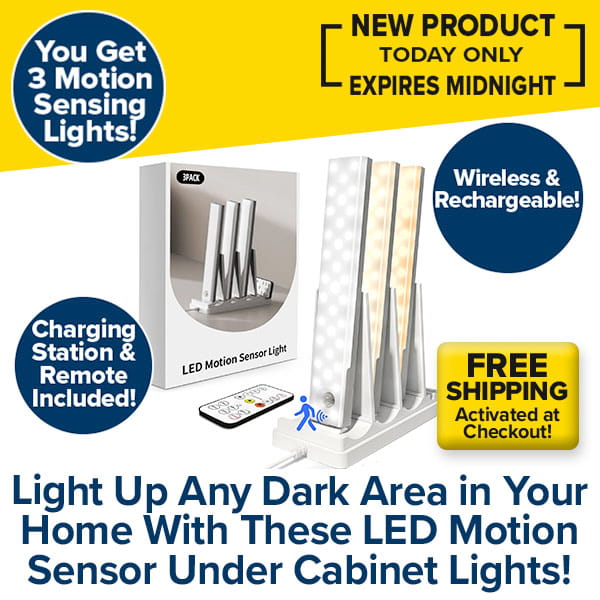 3-Pack Under Cabinet Lighting With Charging Station, featuring LED motion sensor lights, USB charging station, remote control, and original packaging. Blue and yellow promo text highlights wireless use, rechargeability, free shipping, and advanced motion sensing.