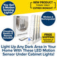 3-Pack Under Cabinet Lighting With Charging Station, featuring LED motion sensor lights, USB charging station, remote control, and original packaging. Blue and yellow promo text highlights wireless use, rechargeability, free shipping, and advanced motion sensing.