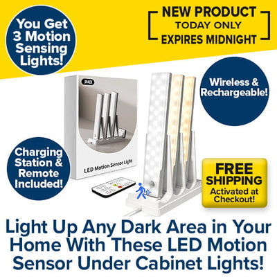 3-Pack Under Cabinet Lighting With Charging Station, featuring LED motion sensor lights, USB charging station, remote control, and original packaging. Blue and yellow promo text highlights wireless use, rechargeability, free shipping, and advanced motion sensing.
