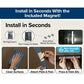 Instructional graphic for installing the 3-Pack Under Cabinet Lighting With Charging Station on metal surfaces: clean area, attach mounting plate and peel backing, then press and hold light in place for 20 seconds.