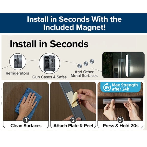 Instructional graphic for installing the 3-Pack Under Cabinet Lighting With Charging Station on metal surfaces: clean area, attach mounting plate and peel backing, then press and hold light in place for 20 seconds.