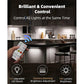 A hand aims the 3-Pack Under Cabinet Lighting With Charging Station remote at a modern kitchen. Icons highlight USB charging, LED accents, 62 upgraded LEDs, stepless dimming, and adjustable brightness up to 100 lumens.