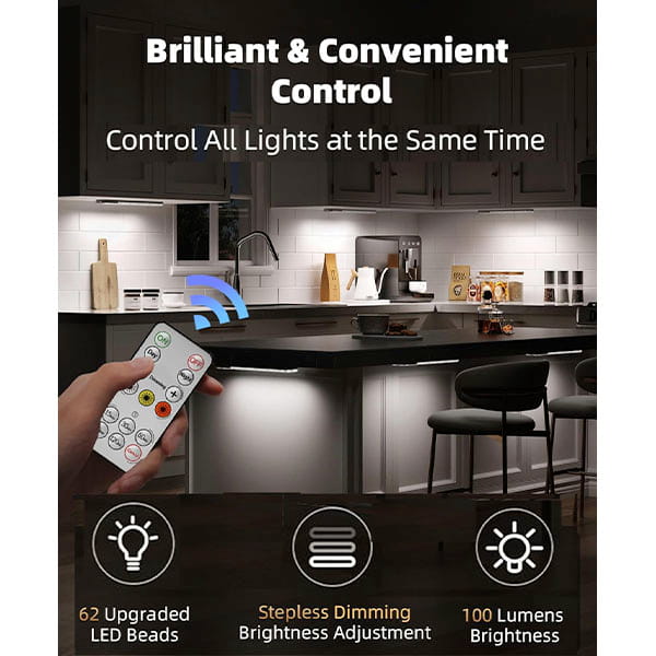 A hand aims the 3-Pack Under Cabinet Lighting With Charging Station remote at a modern kitchen. Icons highlight USB charging, LED accents, 62 upgraded LEDs, stepless dimming, and adjustable brightness up to 100 lumens.