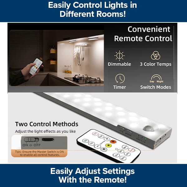 With the 3-Pack Under Cabinet Lighting With Charging Station, you can control dimmable LED lights in your kitchen using a remote, manual switch, or motion sensor. Features include 3 color temps, timer, and mode switch.