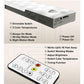 A diagram displays the 3-Pack Under Cabinet Lighting With Charging Station, featuring motion sensor lights with dimming, mode, and on/off buttons. The remote controls power, modes, brightness, color temp, timer settings, and labeled functions.