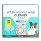Washing Machine Cleaning Tablets for Pet Owners 12-month value pack, featuring a dog, a cat, and a front-load washing machine, used as a pet hair remover and deodorizer.