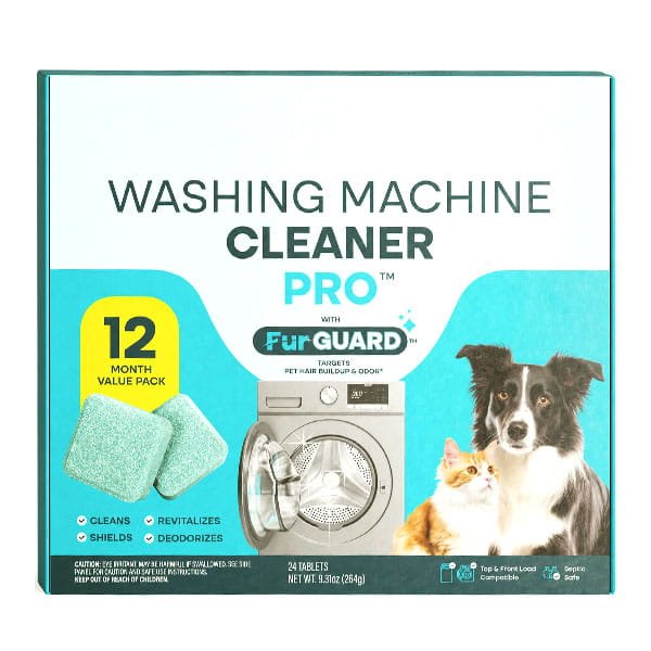 Washing Machine Cleaning Tablets for Pet Owners 12-month value pack, featuring a dog, a cat, and a front-load washing machine, used as a pet hair remover and deodorizer.