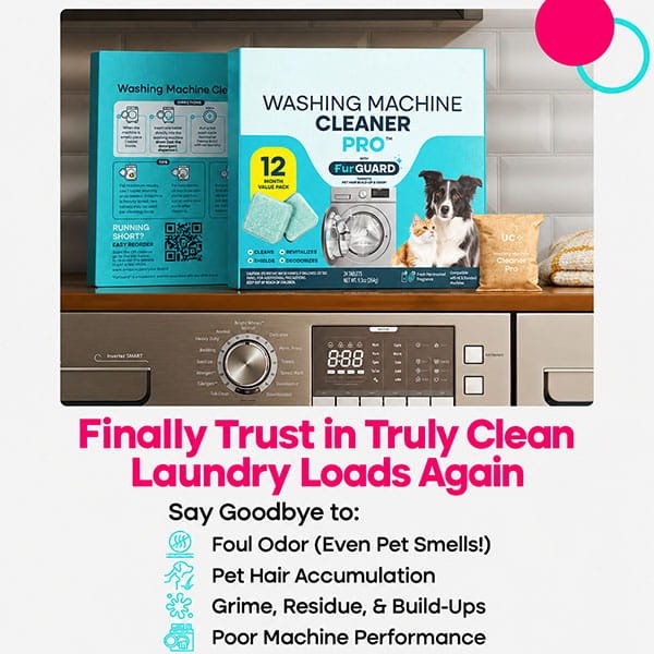 A box of Washing Machine Cleaning Tablets for Pet Owners featuring photos of a cat and dog, placed on top of a washing machine.
