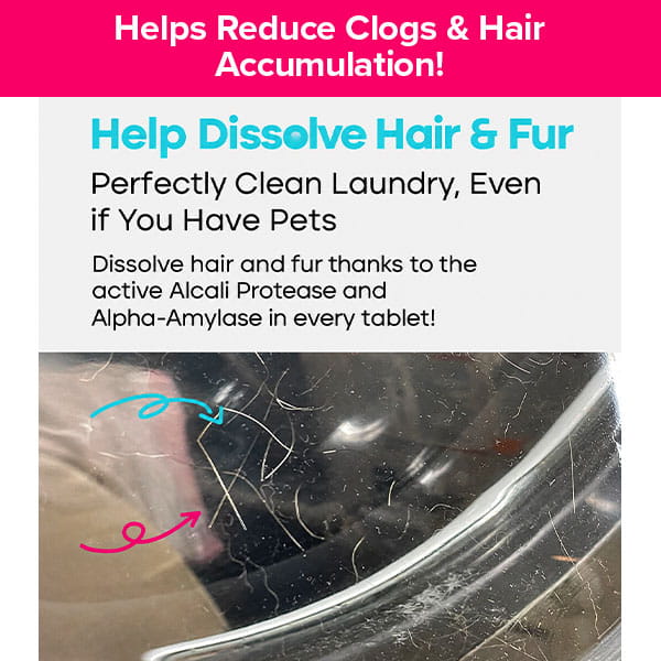 Washing Machine Cleaning Tablets for Pet Owners text overlay Helps Reduce Clogs & Hair Accumulation! Help Dissolve Hair & Fur over a washing machine door glass covered in loose hair strands highlighted by blue and pink arrows.