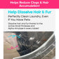 Washing Machine Cleaning Tablets for Pet Owners text overlay Helps Reduce Clogs & Hair Accumulation! Help Dissolve Hair & Fur over a washing machine door glass covered in loose hair strands highlighted by blue and pink arrows.