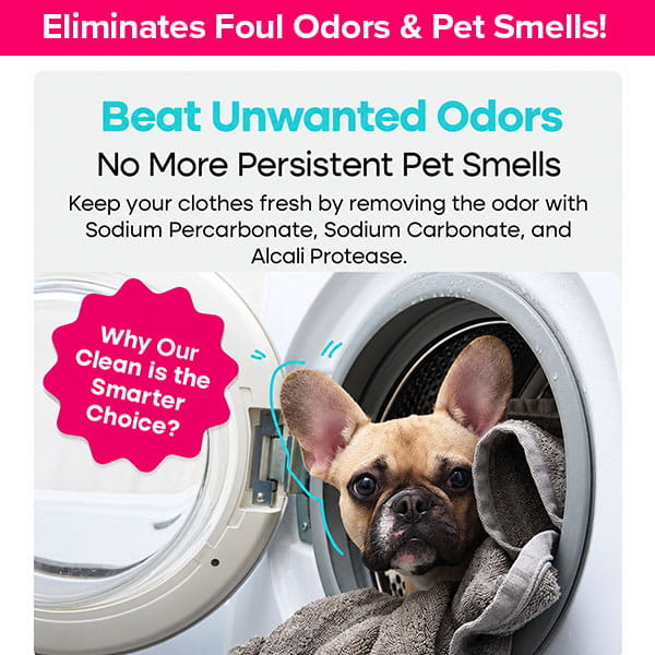 A French bulldog sits inside a washing machine next to a gray towel, accompanied by text advertising Washing Machine Cleaning Tablets for Pet Owners.