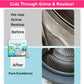 Before and after comparison of a washing machine seal showing grime and pet hair being removed by Washing Machine Cleaning Tablets for Pet Owners and a deodorizer.