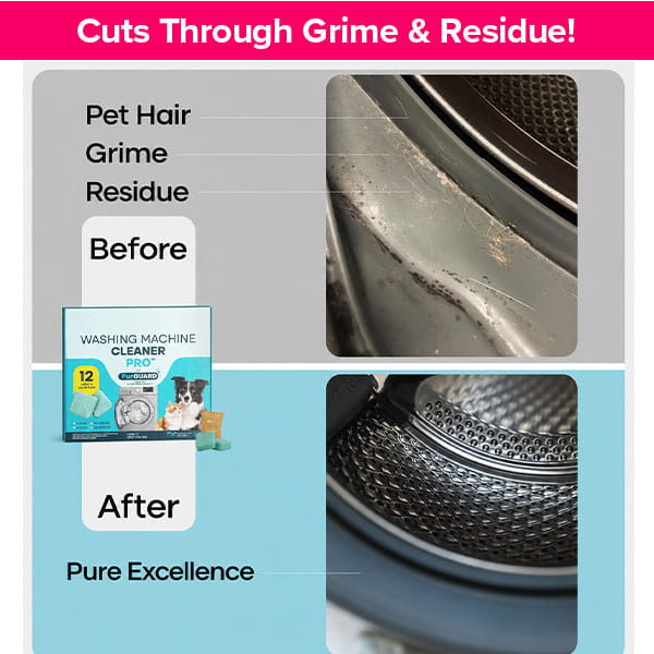 Before and after comparison of a washing machine seal showing grime and pet hair being removed by Washing Machine Cleaning Tablets for Pet Owners and a deodorizer.