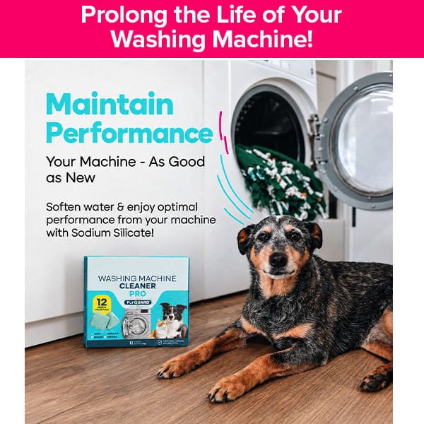 A dog lies on a wood floor in front of an open washing machine next to a box of Washing Machine Cleaning Tablets for Pet Owners.