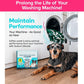 A dog lies on a wood floor in front of an open washing machine next to a box of Washing Machine Cleaning Tablets for Pet Owners.