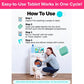 A woman kneels by a washing machine with a small dog, following four instructional steps to use Washing Machine Cleaning Tablets for Pet Owners as a deodorizer.