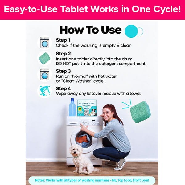 A woman kneels by a washing machine with a small dog, following four instructional steps to use Washing Machine Cleaning Tablets for Pet Owners as a deodorizer.