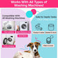 Infographic showing Washing Machine Cleaning Tablets for Pet Owners that act as a deodorizer and are compatible with top-loading, front-loading, and HE machines; safe for septic tanks, they clean pumps, valves, drums, and filters.