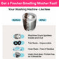 Infographic comparing a washing machine drum before and after using Washing Machine Cleaning Tablets for Pet Owners, highlighting a spotless tub seal, clear hose pipes, and a debris-free under-drum area.