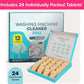 An open box of Washing Machine Cleaning Tablets for Pet Owners featuring a monthly usage chart and twenty-four individually wrapped deodorizer tablets inside.