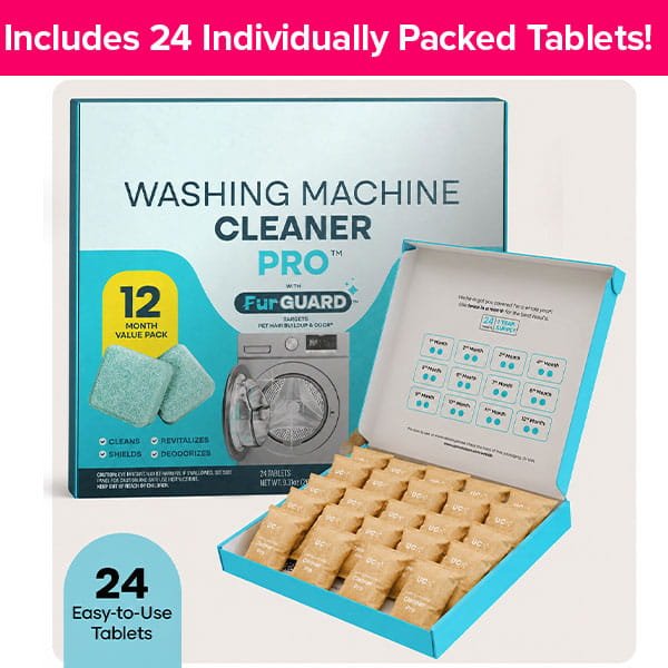 An open box of Washing Machine Cleaning Tablets for Pet Owners featuring a monthly usage chart and twenty-four individually wrapped deodorizer tablets inside.