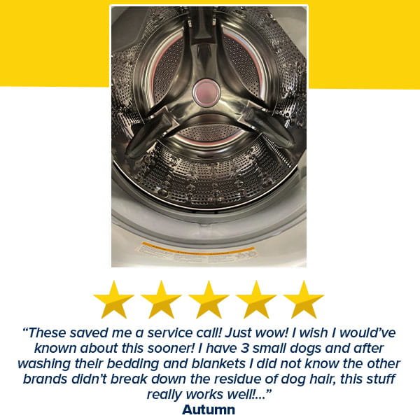 The interior of a stainless steel washing machine drum displayed above five yellow stars and a customer testimonial for Washing Machine Cleaning Tablets for Pet Owners used to remove residue.