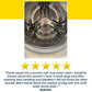 The interior of a stainless steel washing machine drum displayed above five yellow stars and a customer testimonial for Washing Machine Cleaning Tablets for Pet Owners used to remove residue.