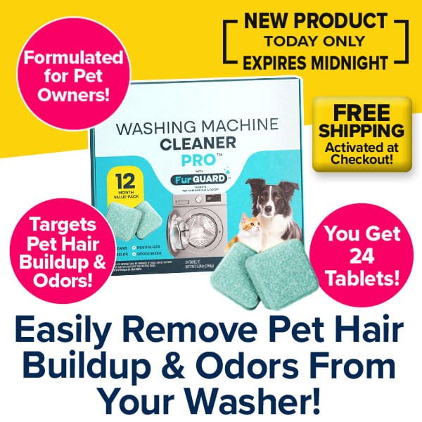 Box of 24 Washing Machine Cleaning Tablets for Pet Owners showing a dog and a cat to highlight the deodorizer and pet hair remover capabilities.