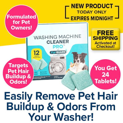 Box of 24 Washing Machine Cleaning Tablets for Pet Owners showing a dog and a cat to highlight the deodorizer and pet hair remover capabilities.
