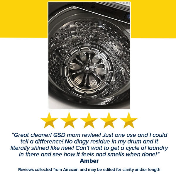 The interior of a clean, empty metal washing machine drum after using Washing Machine Cleaning Tablets for Pet Owners, with five gold stars above a positive customer review.