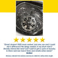 The interior of a clean, empty metal washing machine drum after using Washing Machine Cleaning Tablets for Pet Owners, with five gold stars above a positive customer review.