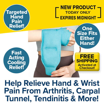 A person wears the Wrist Pain Relief Ice Pack Wrap on their wrist, while surrounding text highlights targeted, fast-acting wrist pain relief and free shipping for a new product offer featuring both hot and cold therapy.