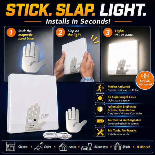 Infographic showing how to install a Slap Light Rechargeable Motion Sensor Ceiling Light by attaching it to a magnetic mounting plate, highlighting features like motion activation, adjustable brightness, and tool-free installation.