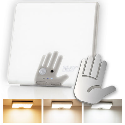 The Slap Light Rechargeable Motion Sensor Ceiling Light is a square fixture with a hand-shaped motion sensor and matching cover, shown in three color temperatures ranging from warm to cool white.