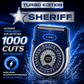 A Shave Sheriff compact electric razor featuring a sheriff’s badge design and a digital display at 100% battery, surrounded by splashing water, with text promoting turbo mode and 1000 cuts per second using a titanium blade system.