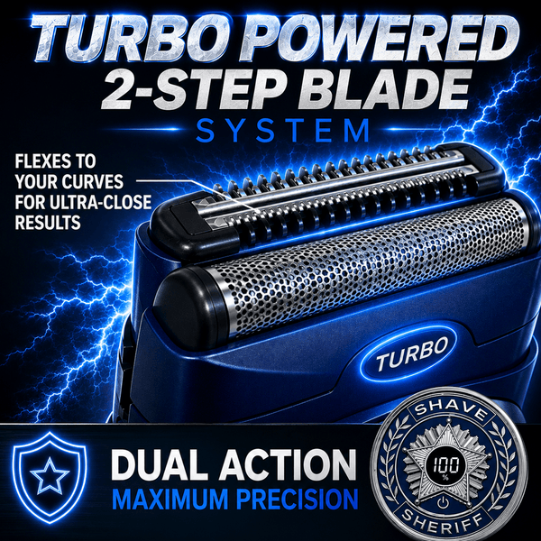 Shave Sheriff electric shaver head with a dual-blade titanium system, featuring text highlights about the turbo-powered flex technology and precision performance.