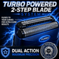 Shave Sheriff electric shaver head with a dual-blade titanium system, featuring text highlights about the turbo-powered flex technology and precision performance.