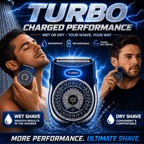 The Shave Sheriff compact electric razor with a digital battery display is centered between two men shaving, with text highlighting its wet and dry performance, titanium blade system, and waterproof, rechargeable features.