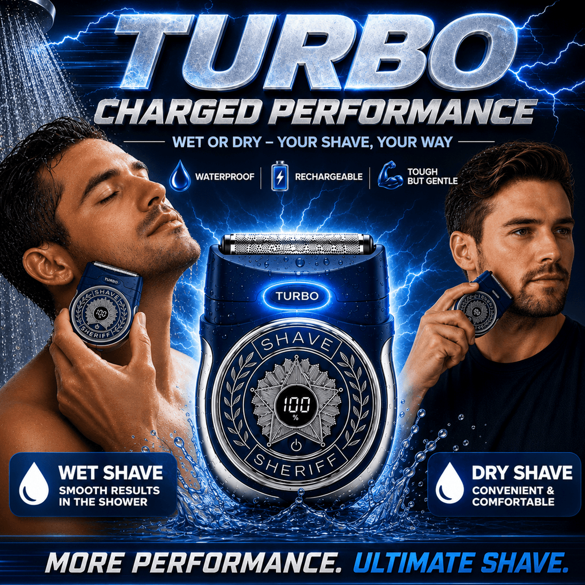 The Shave Sheriff compact electric razor with a digital battery display is centered between two men shaving, with text highlighting its wet and dry performance, titanium blade system, and waterproof, rechargeable features.