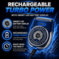 Shave Sheriff compact electric razor with a titanium blade system and a digital display showing 100% battery, set against a background of lightning and water splashes with text highlighting its rechargeable power.