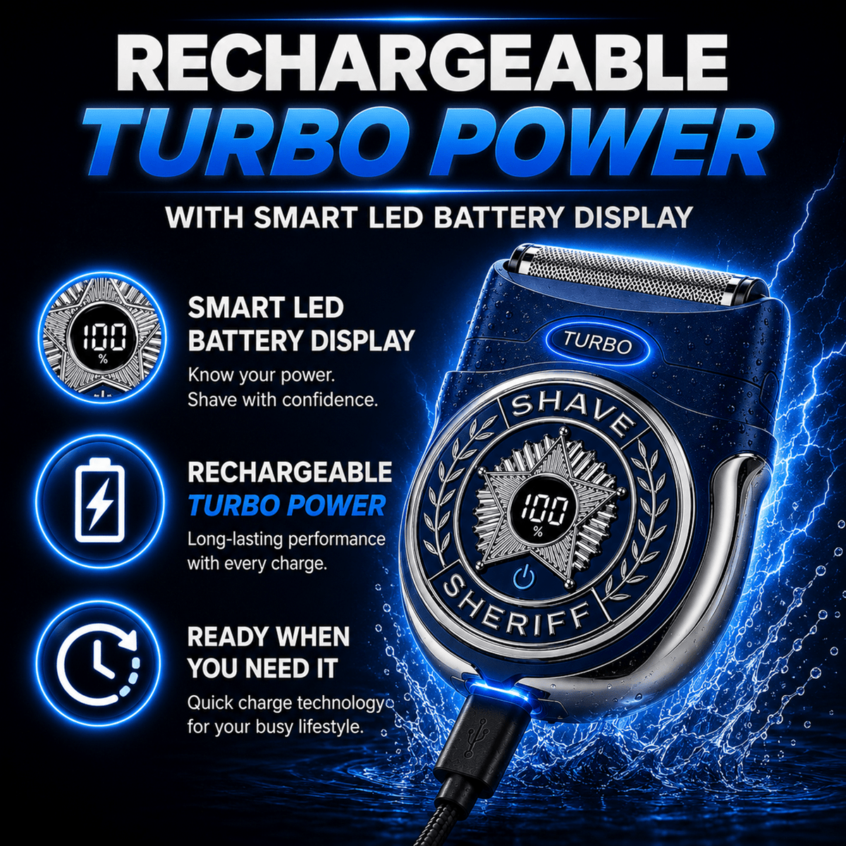 Shave Sheriff compact electric razor with a titanium blade system and a digital display showing 100% battery, set against a background of lightning and water splashes with text highlighting its rechargeable power.