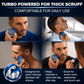 Four panels show a man using a Shave Sheriff compact electric razor on his face and neck, with text stating the turbo-powered, titanium blade system is designed for thick scruff and is suitable for travel and daily touch-ups.