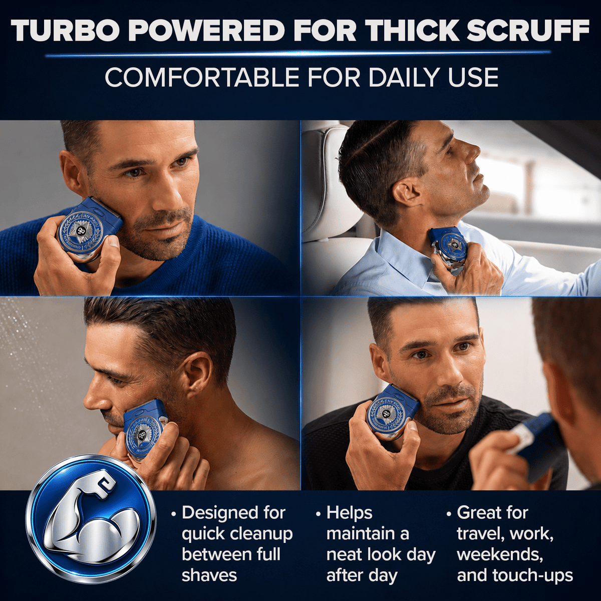 Four panels show a man using a Shave Sheriff compact electric razor on his face and neck, with text stating the turbo-powered, titanium blade system is designed for thick scruff and is suitable for travel and daily touch-ups.