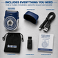 A Shave Sheriff compact electric razor with its protective cap, charging cable, black storage pouch, cleaning brush, and instruction manual laid out on a metal surface.