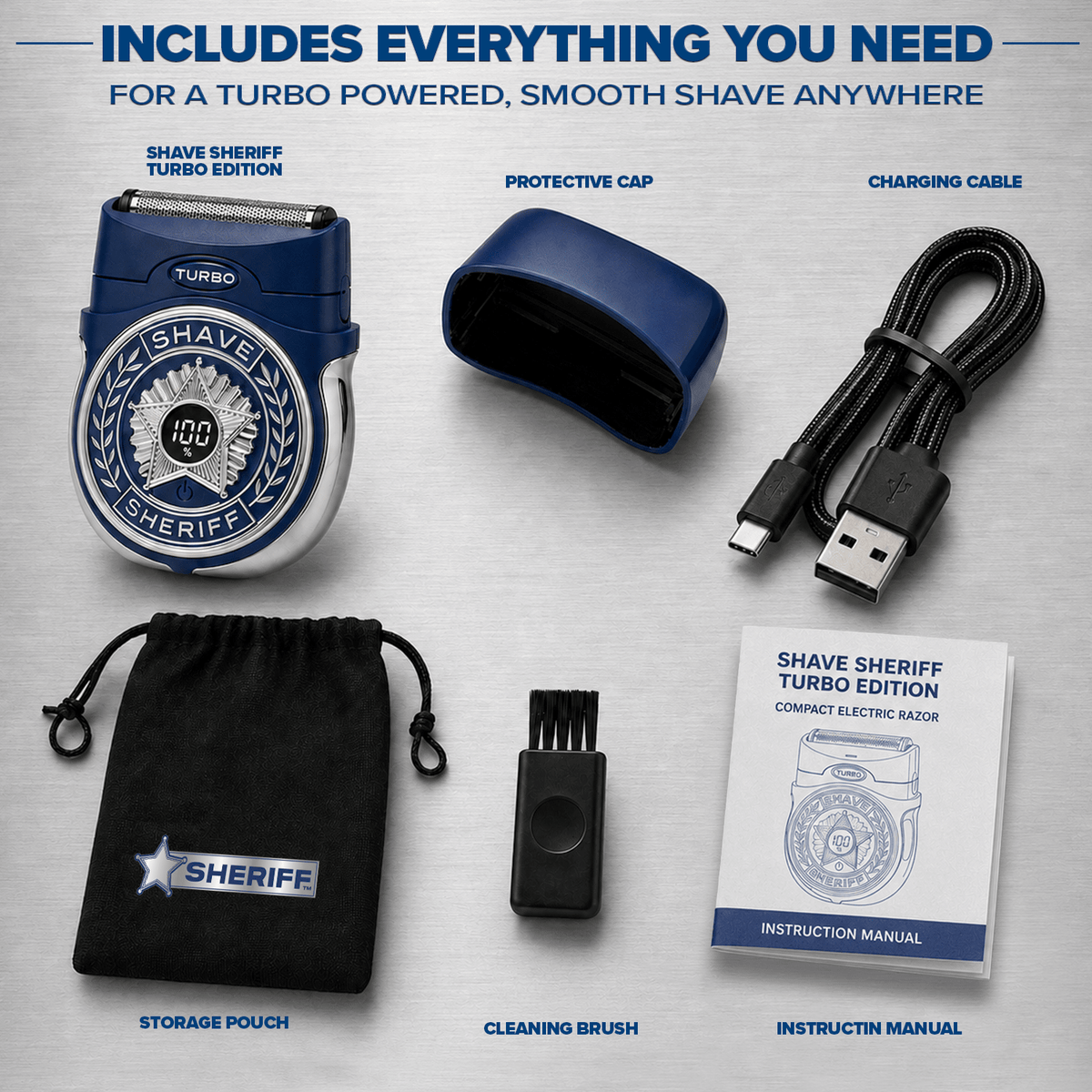 A Shave Sheriff compact electric razor with its protective cap, charging cable, black storage pouch, cleaning brush, and instruction manual laid out on a metal surface.