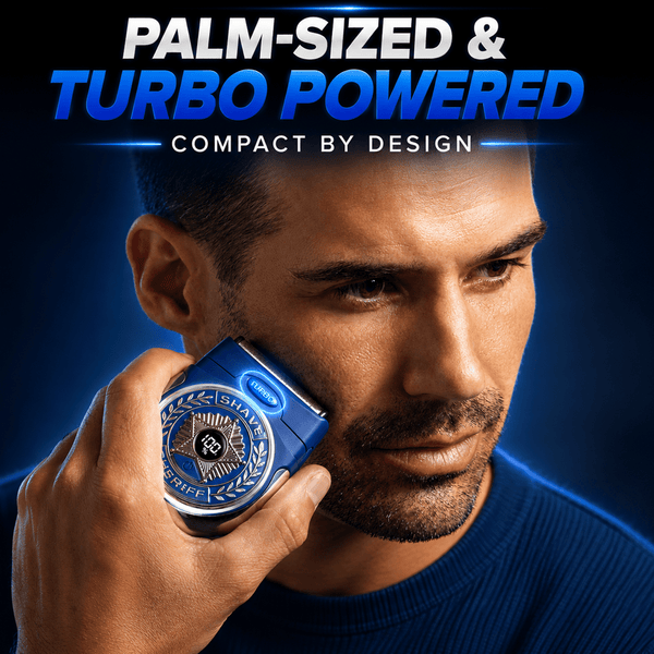A man uses a compact Shave Sheriff electric razor with a badge-shaped display on his jawline; above, the text reads Palm-sized & turbo powered, compact by design.