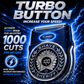 Shave Sheriff electric foil shaver with a digital display showing 100% battery, surrounded by lightning and water, featuring a titanium blade system and text promoting turbo mode and 1000 cuts per second.