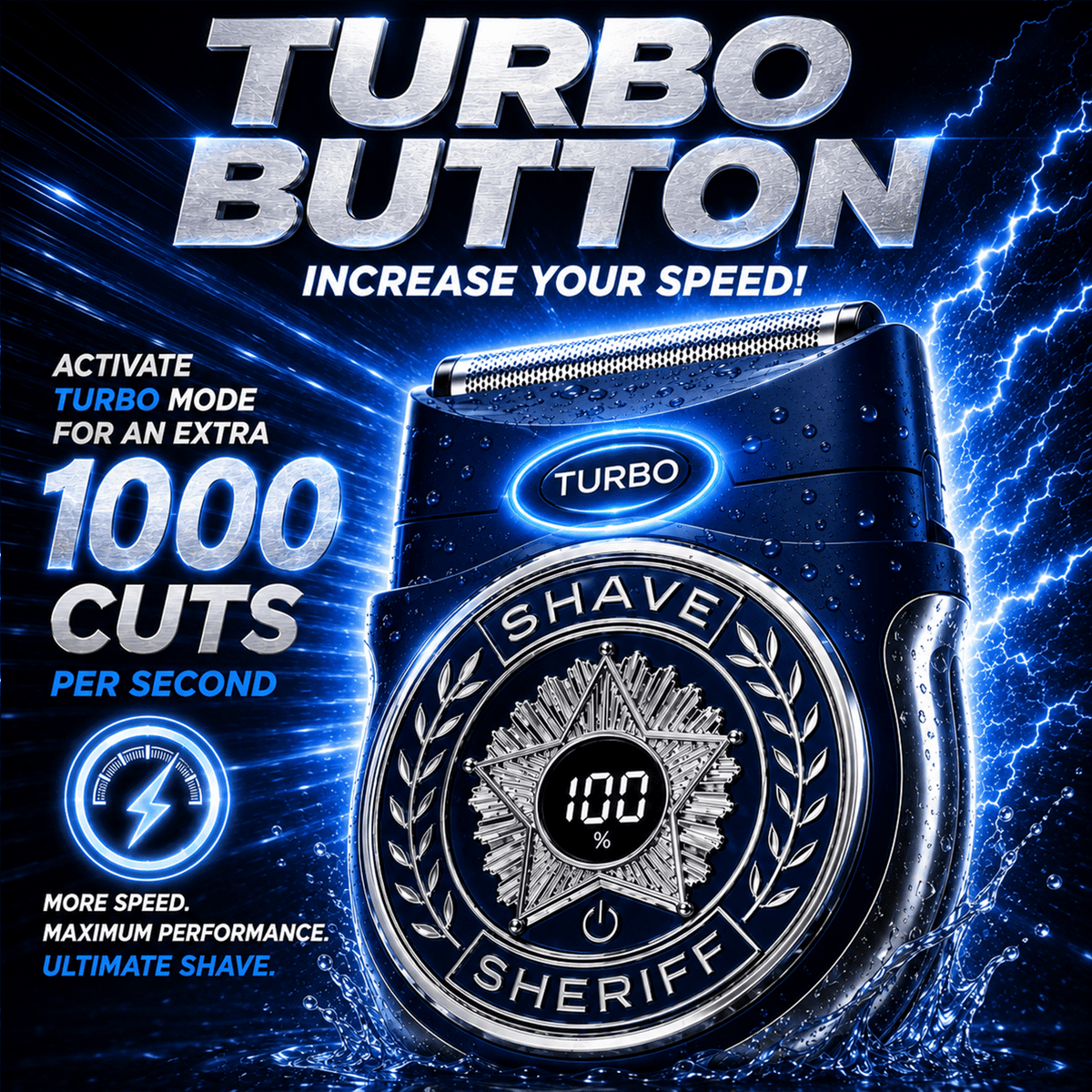 Shave Sheriff electric foil shaver with a digital display showing 100% battery, surrounded by lightning and water, featuring a titanium blade system and text promoting turbo mode and 1000 cuts per second.