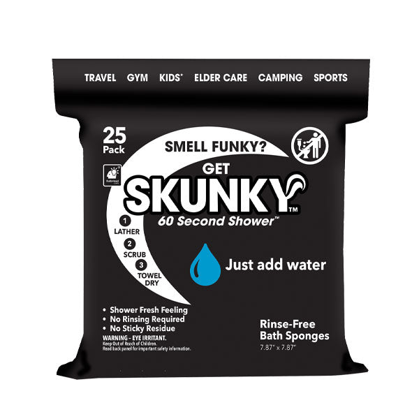 A black package labeled Skunky 60 Second Shower offers 25 portable, soap-infused sponges—just add water! Perfect for travel, gym, kids, elder care, camping, and sports. No rinse needed.